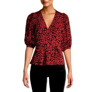 Ganni Red Floral Printed Crepe Wrap Top - Size 36 / US 4 - Small